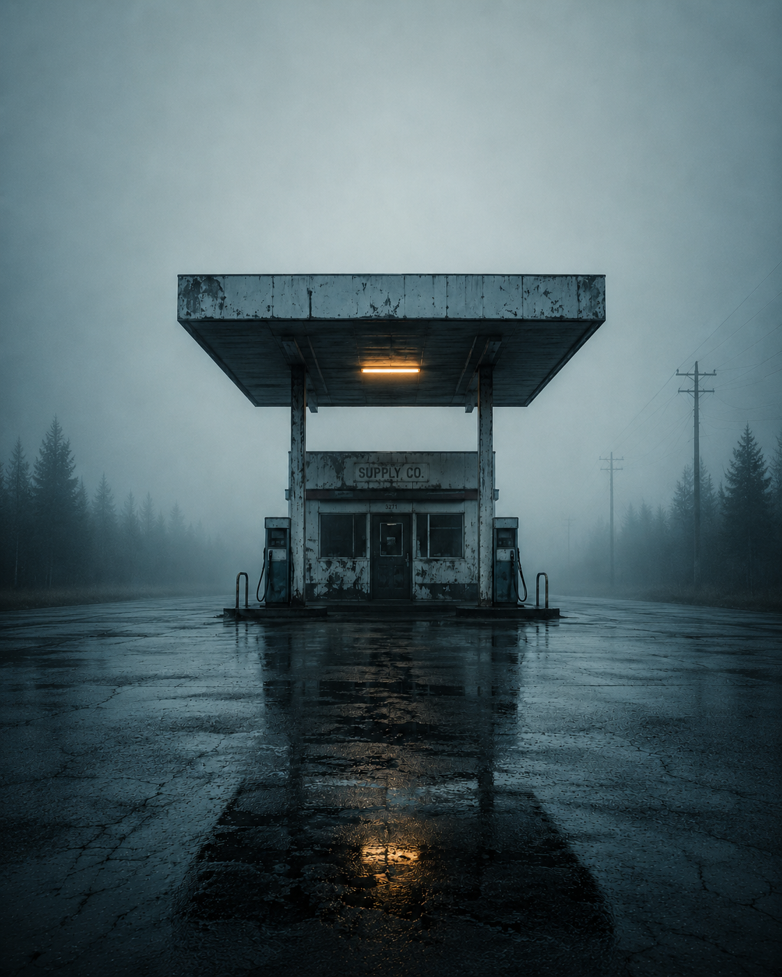Verlassene alte Tankstelle im Regen aus der Serie Silent Structures